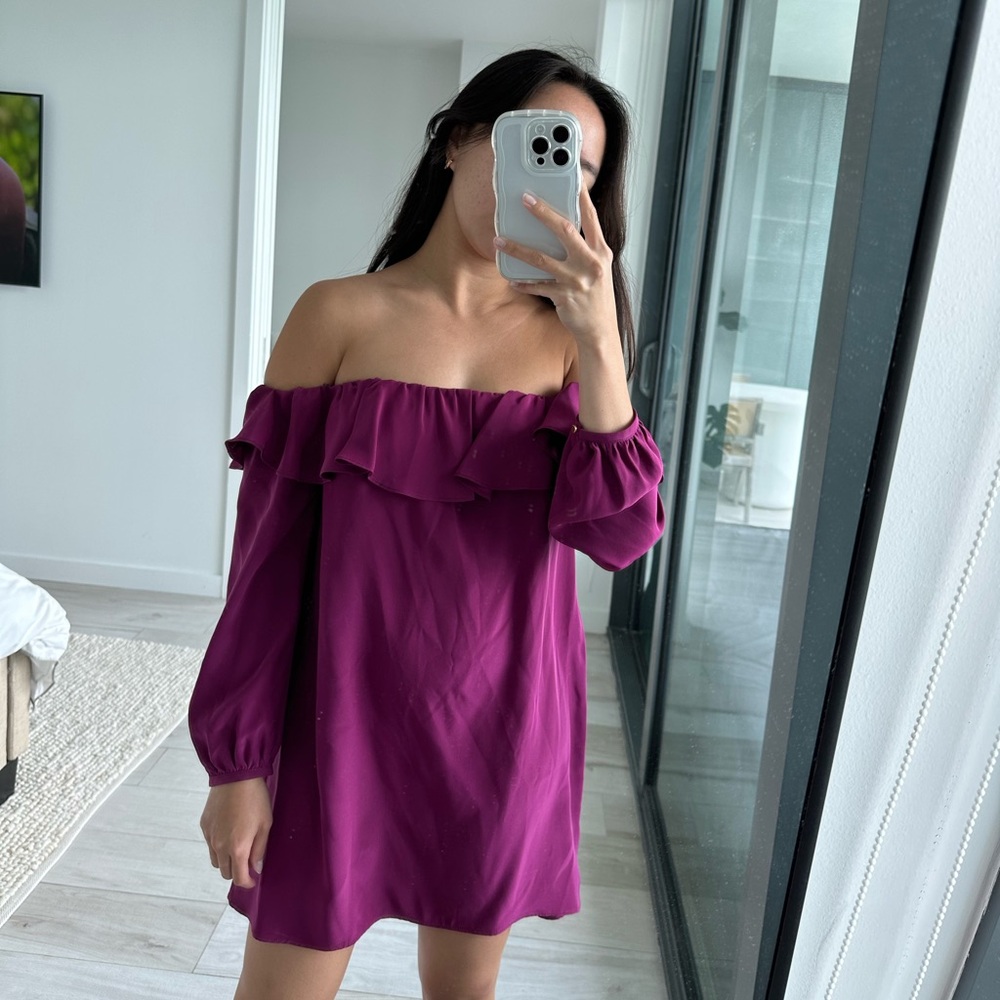 Amanda Uprichard Magenta Silk Off the Shoulder Dress in Size Petite